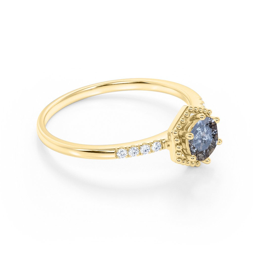Hexagon .65 Carat round Cut Natural Salt and Pepper Diamond Pave Accent Minimali