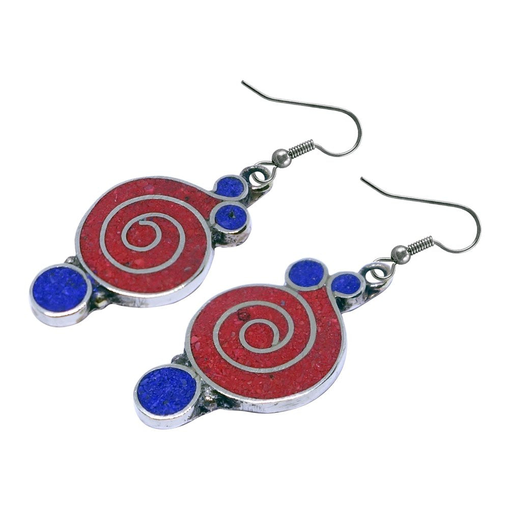 Gorgeous Handmade Compressed Red Coral & Lapis Lazuli Gemstone Inlay Drop Dangle