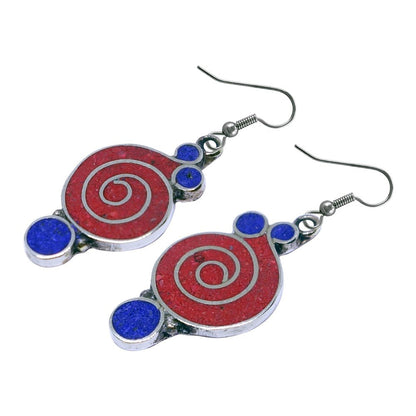 Gorgeous Handmade Compressed Red Coral & Lapis Lazuli Gemstone Inlay Drop Dangle