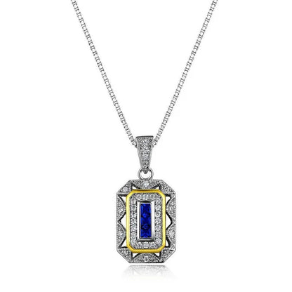 0.50 Ct Blue Sapphire White CZ 925 Sterling Silver Yellow Pendant Chain Necklace