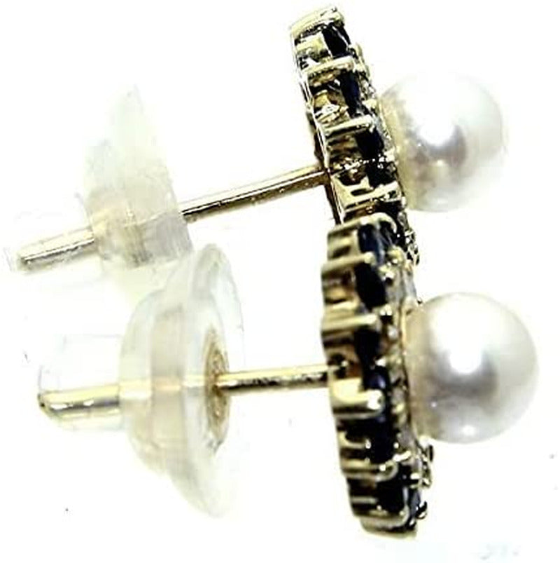 Vintage 14K Yellow Gold Plated 1.36Ct Sapphire Pearl Diamond Floral Stud Earring