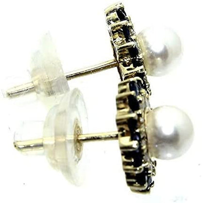 Vintage 14K Yellow Gold Plated 1.36Ct Sapphire Pearl Diamond Floral Stud Earring