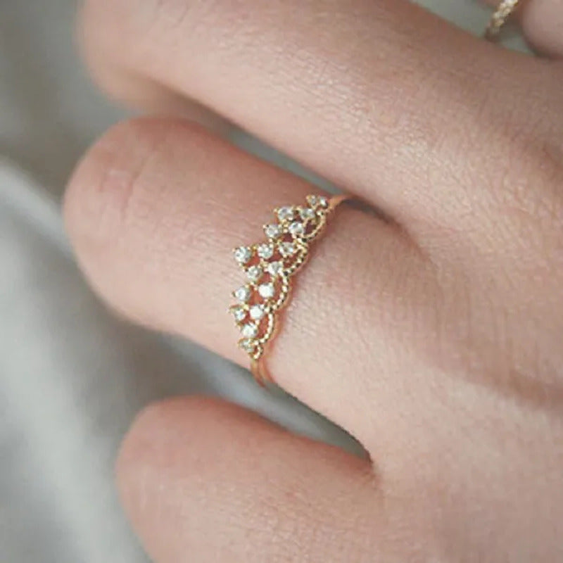 Luxury Crown Rings for Women Gold Color Shiny Crystal Cubic Zirconia Ring Elegan