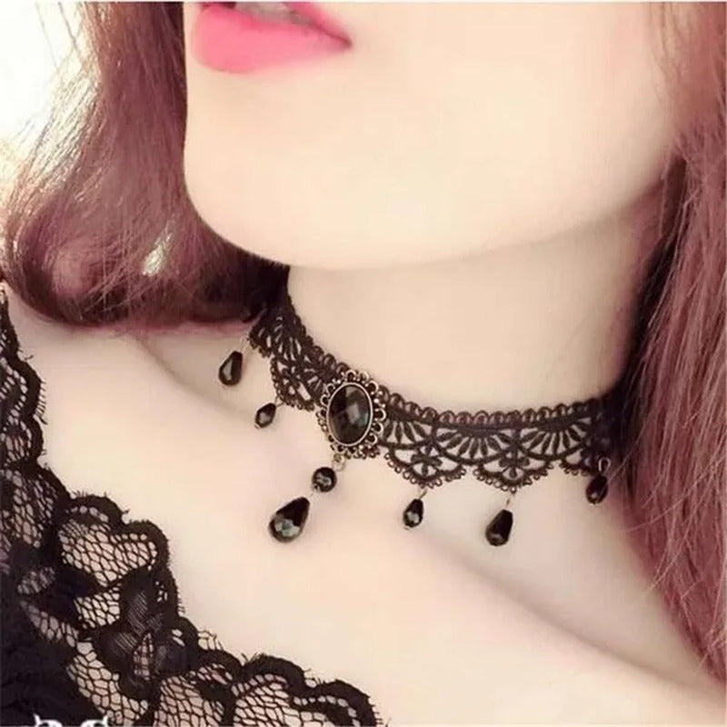 Ladies Vintage Gothic Choker Crystal Pendant Design Black Lace Necklace Clavicle