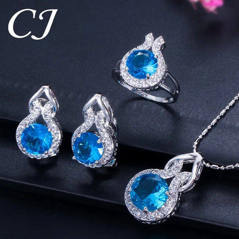 CANDICE Fashion Party Jewelry Set 925 Sterling Silver round Cut Blue Rhinestone