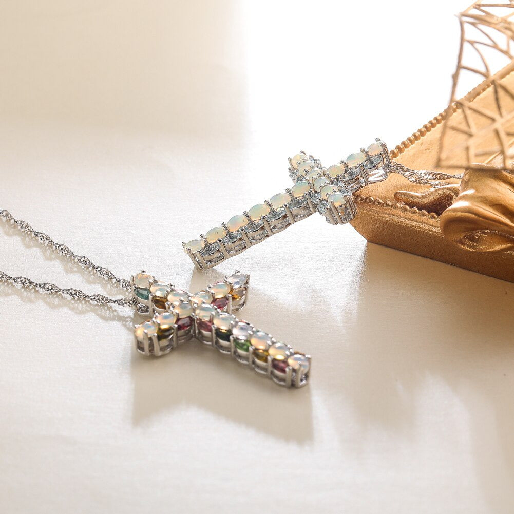 Real 925 Sterling Silver Cross Pendant for Women Natural Opal Tourmaline Mixed
