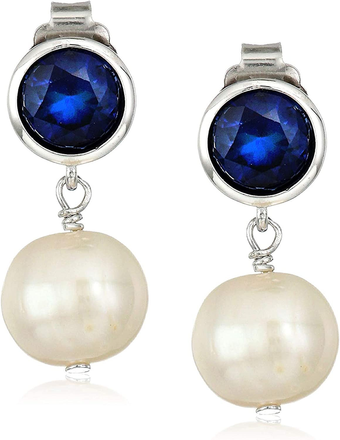 925 Sterling Silver Bezel-Set Gemstone Birthstone and 8Mm White Freshwater Cultu