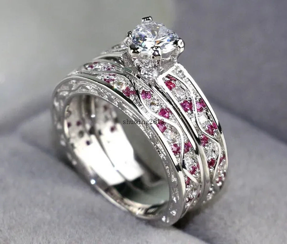 TWO RINGS Sz6-12 Couple Rings His Hers Ruby Heart Shape Cz Womens Ring Tungsten