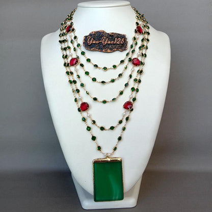 Green Onyx Pendant 5 Strand White Pearl Necklace