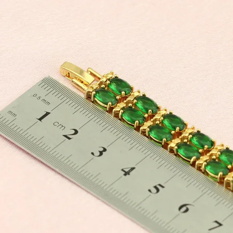 Flawless Long Gold Color Women Jewelry Sets Green Emerald Drop Earrings Necklace