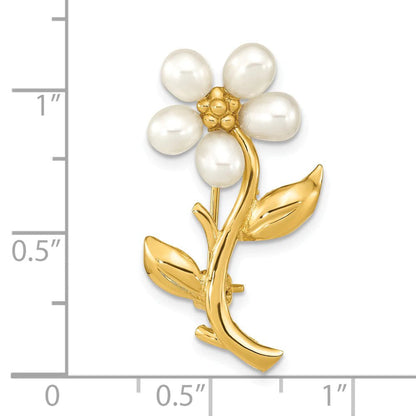 14 Karat Yellow Gold 4-5Mm Rice White Freshwater Cultured Pearl Flower Brooch