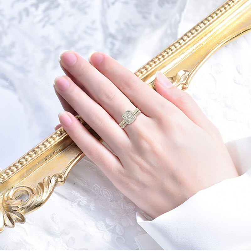 2Pcs Engagement Rings for Women Original 925 Sterling Silver Ring Set 14K Gold