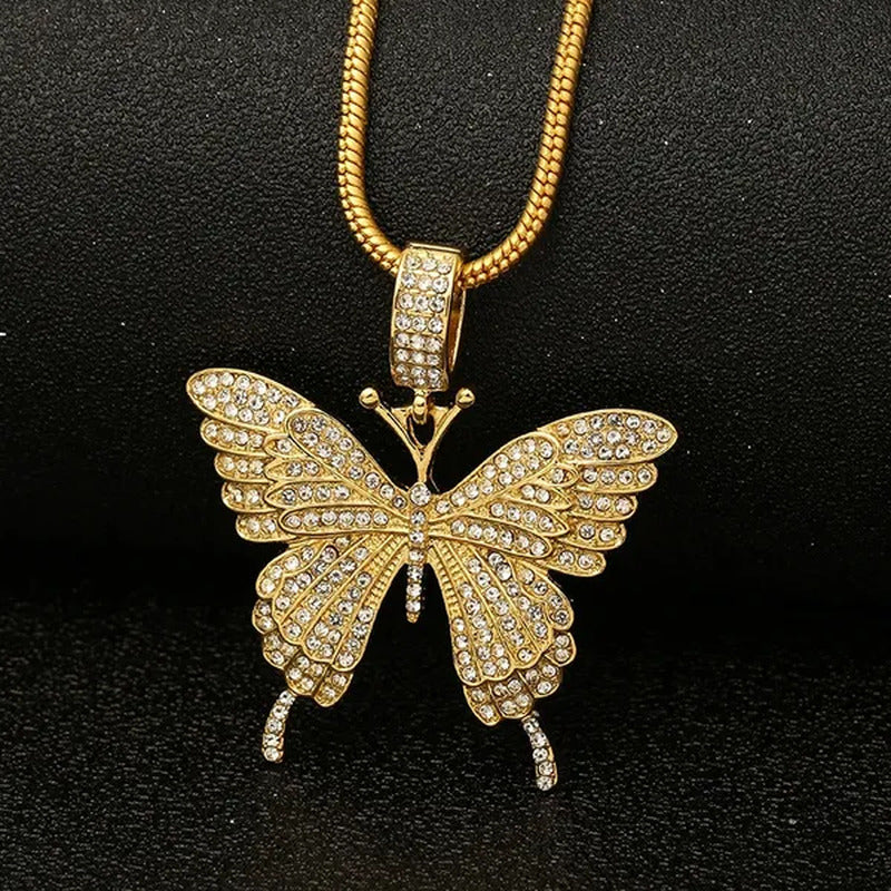 Colorful Butterfly Pendant Necklace Set with Diamond Alloy, Snake Chain, Hip Hop
