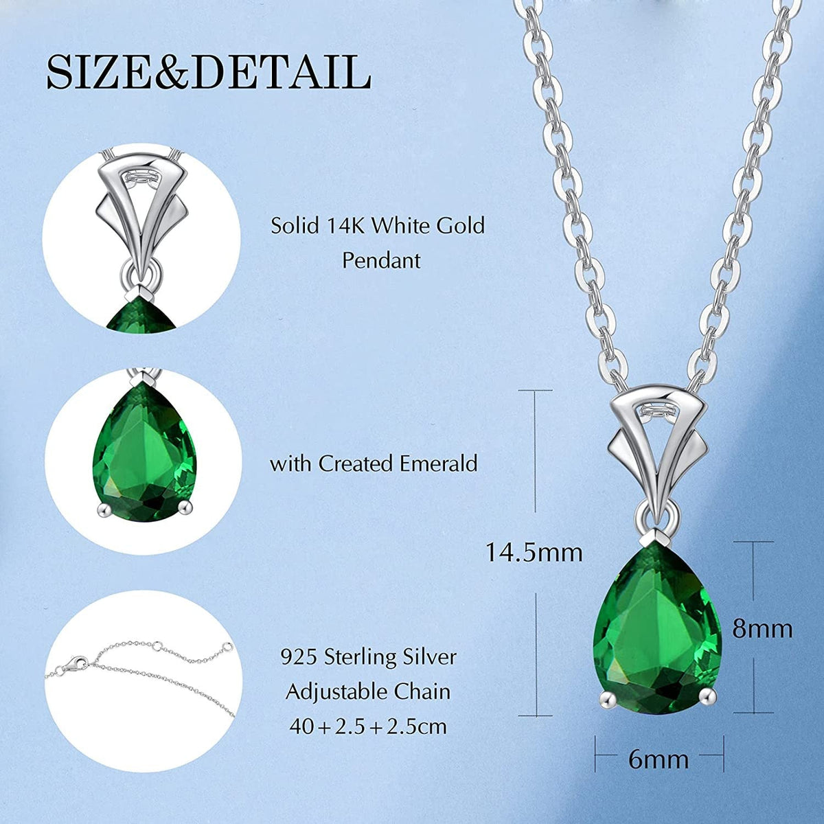 14K Solid White Gold Teardrop Pendant Birthstone Necklace Birthday Gifts for Mom