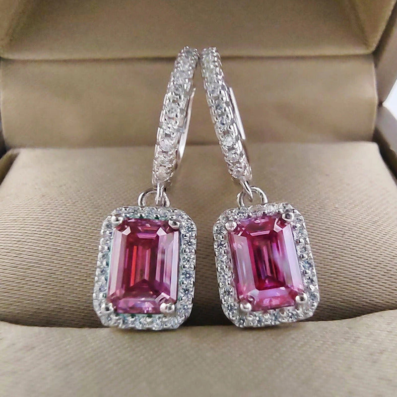 1CT 2CT 6X8MM Pink Green Emerald Cut Moissanite Earrings Pass Diamond Test 100%