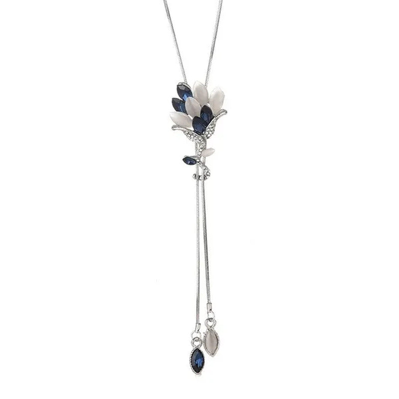 Women'S Fashion Pendant Necklace Rose Flower Studded Tassel Sweater Chain Decora