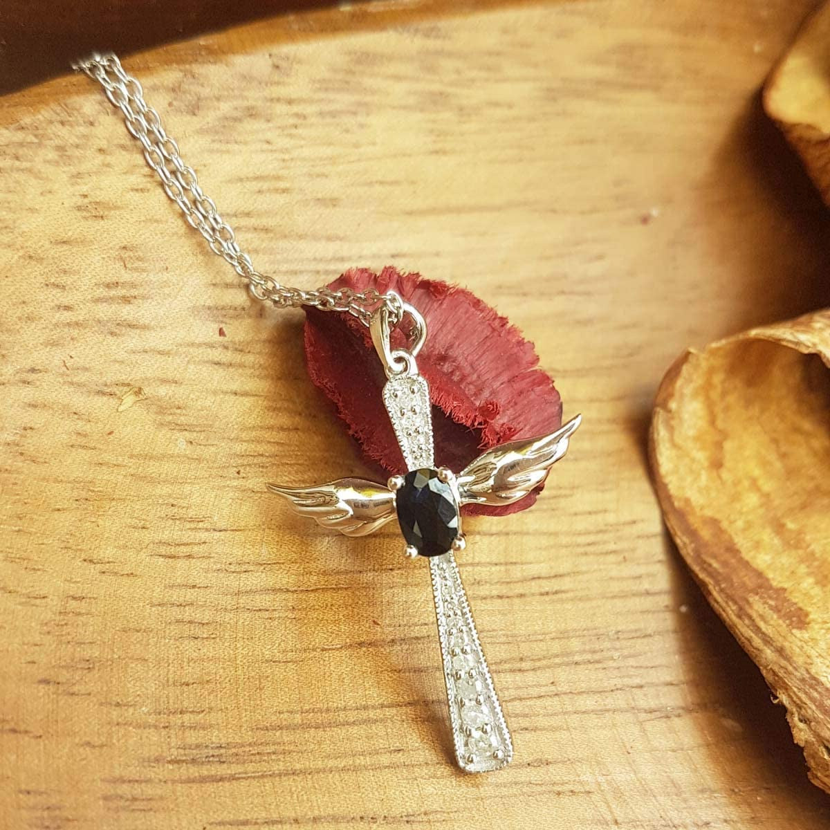 6X4 MM Oval Gemstone & round Diamond Angel Cross Pendant (Silver Chain Included)