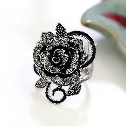 US/UK Trendy Women Retro Rose Flower Ring Black Crystal Vantige Big Flower Rings