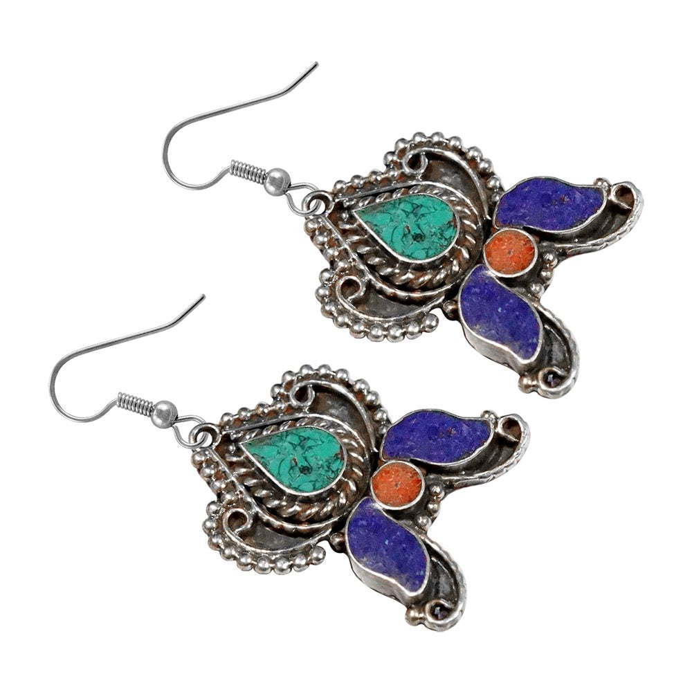 Drop Earring for Women Teens Compressed Turquoise Lapis Lazuli & Coral Inlay Bea