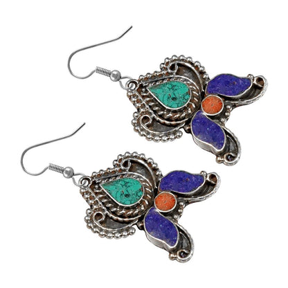 Drop Earring for Women Teens Compressed Turquoise Lapis Lazuli & Coral Inlay Bea