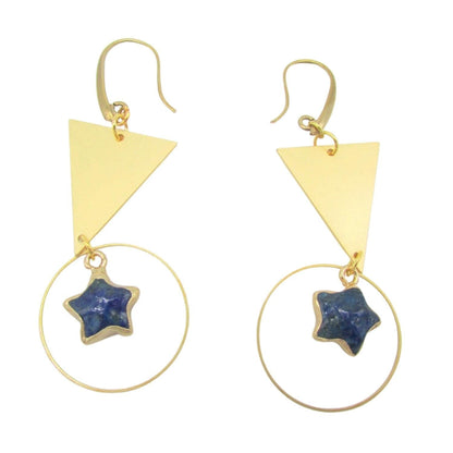 Lapis Lazuli Star Dangles with Brass Triangles & Hoop Links Raw Brass Earrings
