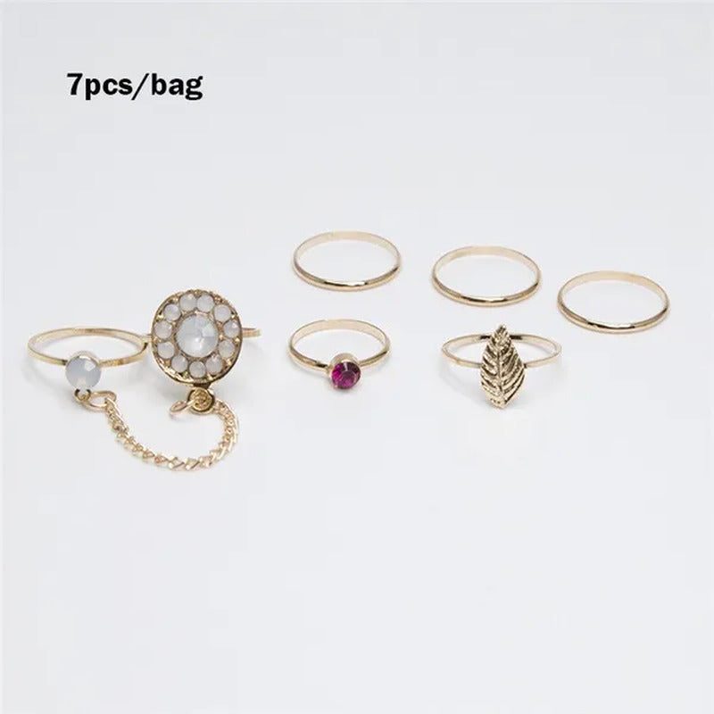 7Pcs/Set Europe and the United States Retro Inlaid Moonlight Ruby Chain Knuckle