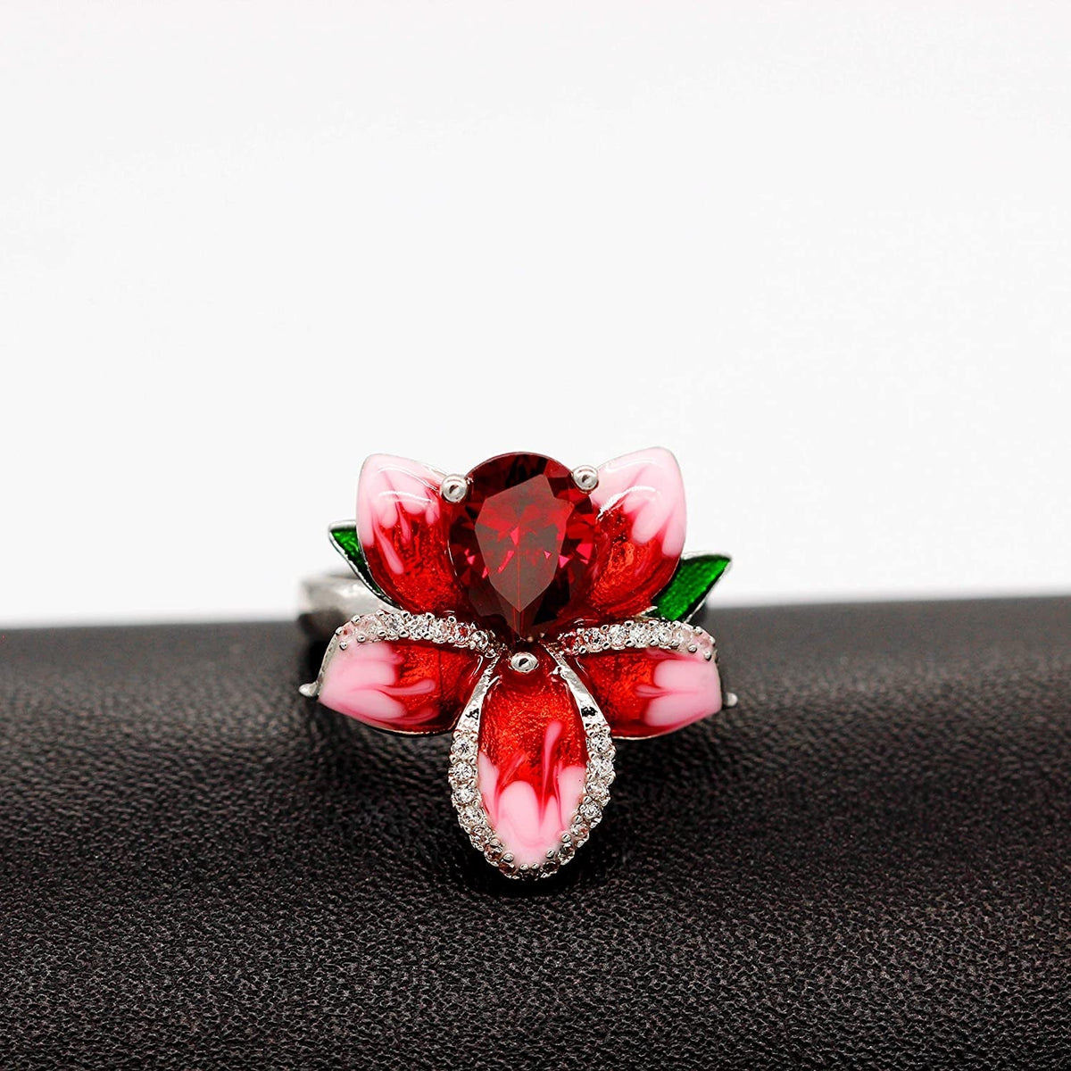 Girl'S Beautiful Red Enamel Rose Ring for Women Blossom Flower Rings with Pear C