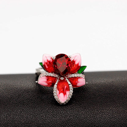 Girl'S Beautiful Red Enamel Rose Ring for Women Blossom Flower Rings with Pear C