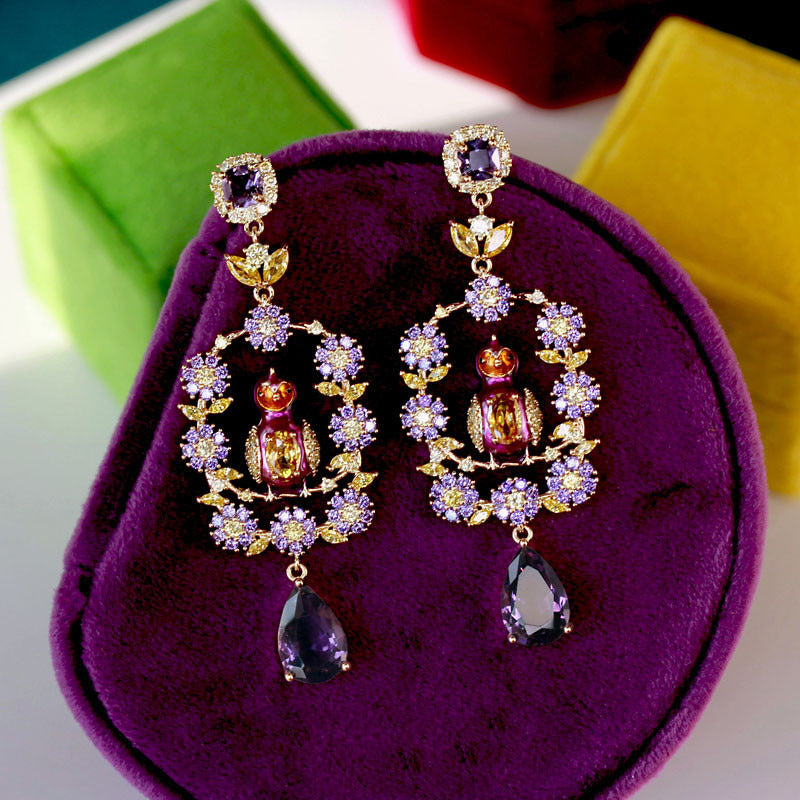 Flower Bird Imported Purple Stones with Diamonds Long Earrings