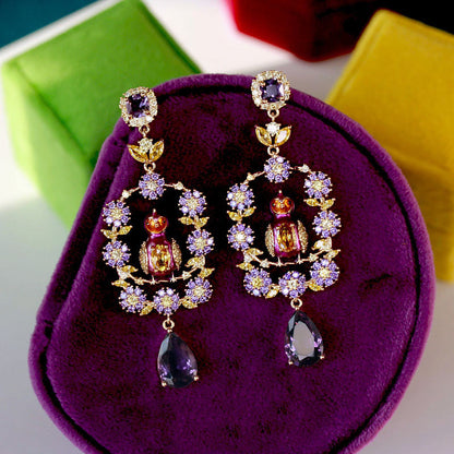 Flower Bird Imported Purple Stones with Diamonds Long Earrings