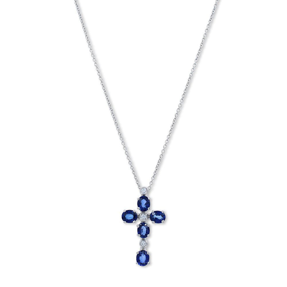 Zoccai 18K White Gold round Cut Diamond Blue Sapphire Cross Pendant Necklace