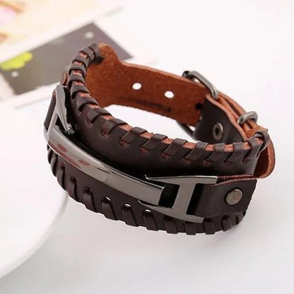 Women Men PU Leather Bracelets Punk Handmade Wide Cuff Rope Bracelet Woven Wrist