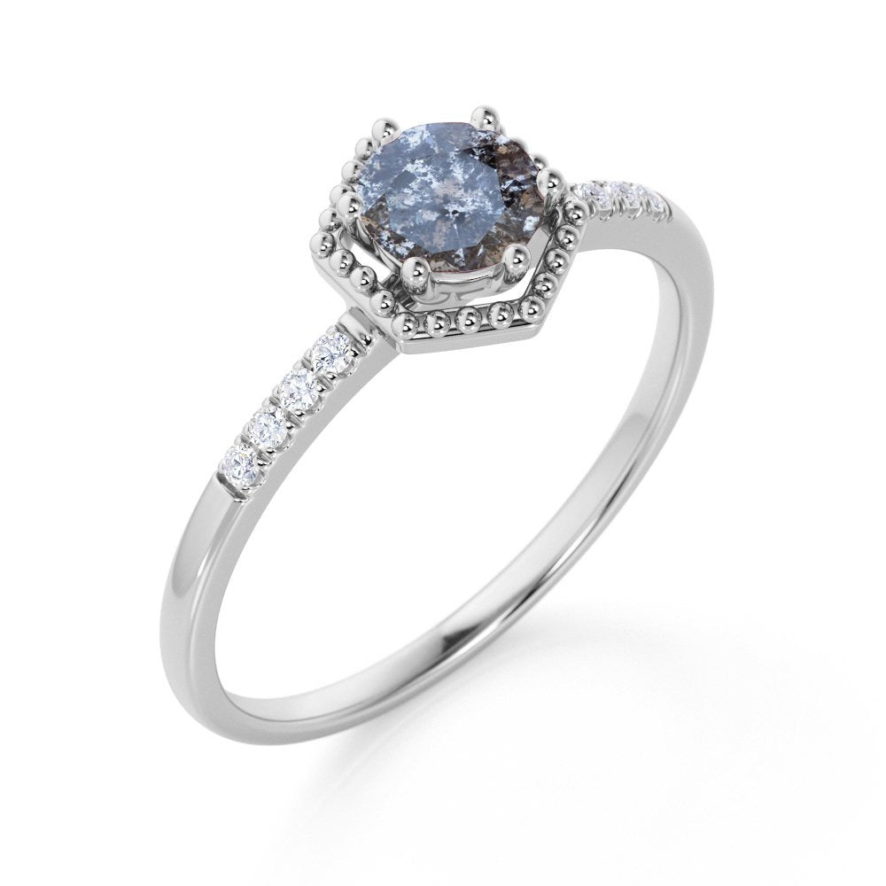 Hexagon .65 Carat round Cut Natural Salt and Pepper Diamond Pave Accent Minimali