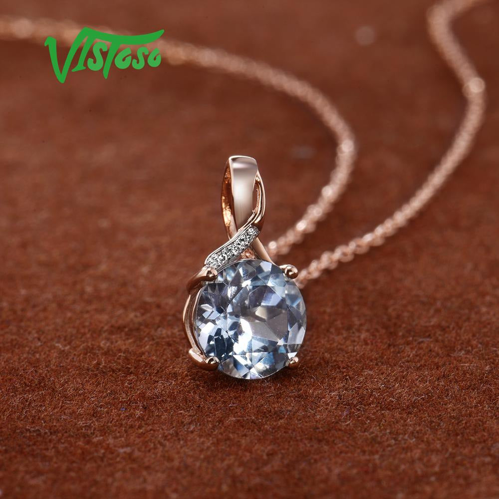 Gold Pendant for Women Genuine 14K 585 Rose Gold Radiant Blue Topaz Sparkling Di