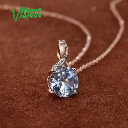 Gold Pendant for Women Genuine 14K 585 Rose Gold Radiant Blue Topaz Sparkling Di