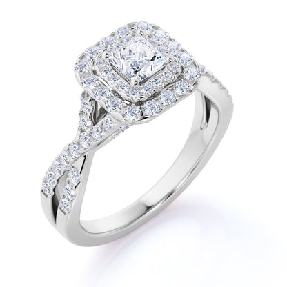 Elegant 1 Carat - Square Cut Diamond - Twisted Band - Pave - Double Halo Engagem