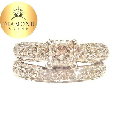 CERTIFIED ENGAGEMENT RING PRINCESS .52 CT SIDE ROUND SHAPE DIAMOND 1.10 CT 14 K