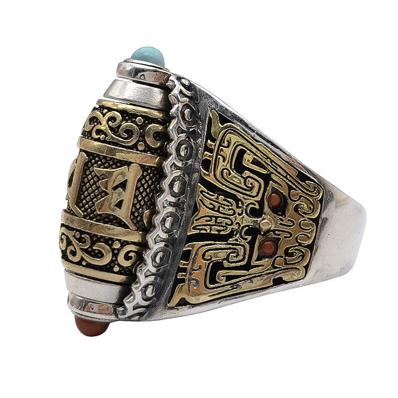 S925 Silver Vintage Craftsmanship Golden Rotatable Six-Character Mantra Ring