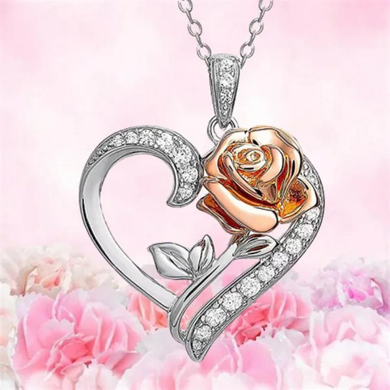 Exquisite Fashion Heart Rose Zircon Necklace Couple Heart Pendant Engagement Nec