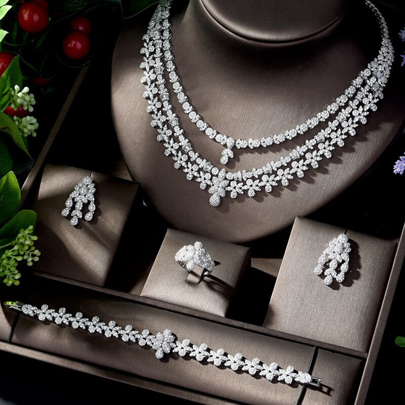Nigeria 4Pcs Bridal Zirconia Jewelry Sets Luxury Dubai Nigeria CZ Crystal Weddin