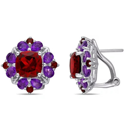 Garnet and African-Amethyst Floral Cluster Earrings in Sterling Silver