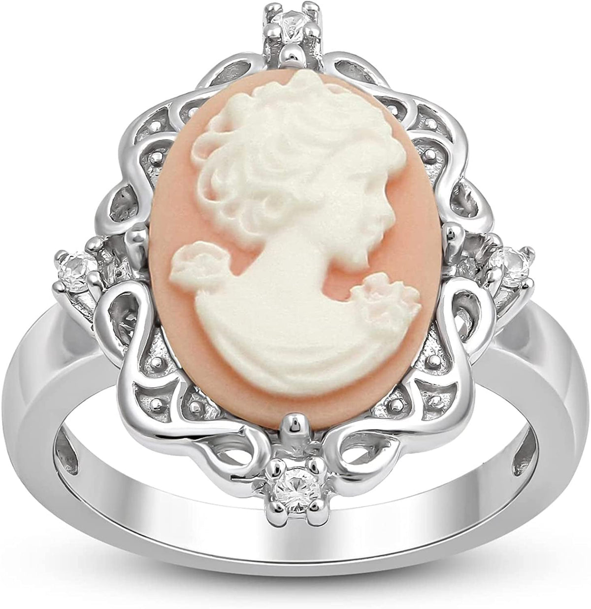 Pink Cameo Ring in Sterling Silver with round Created White Sapphire