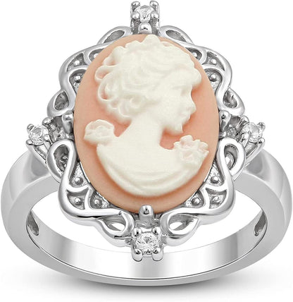 Pink Cameo Ring in Sterling Silver with round Created White Sapphire