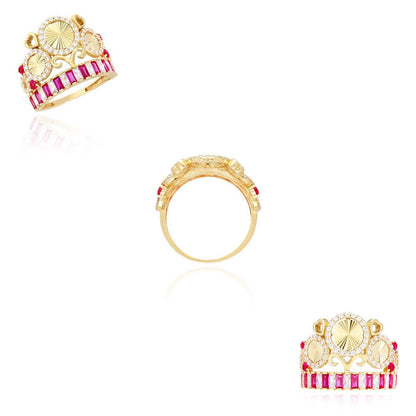 14K Yellow Gold 1.5CTW Simulated Diamond &Amp; Ruby Royal Crown round Cocktail R