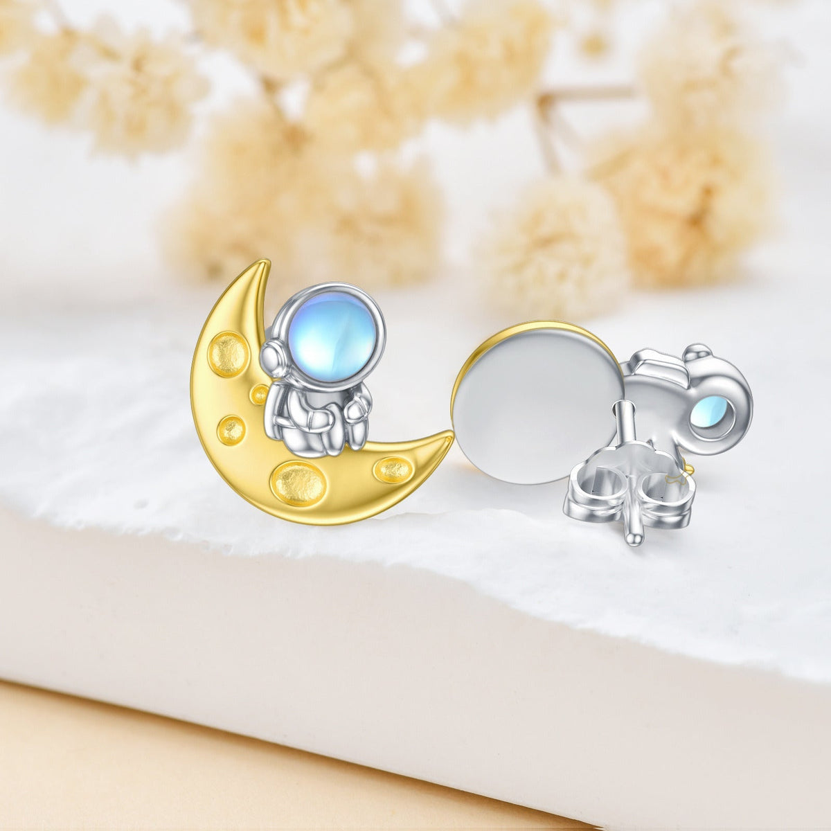 Space Stud Earrings Sterling Silver Moonstone Planet Astronaut Earrings Saturn J