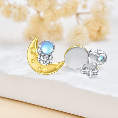 Space Stud Earrings Sterling Silver Moonstone Planet Astronaut Earrings Saturn J