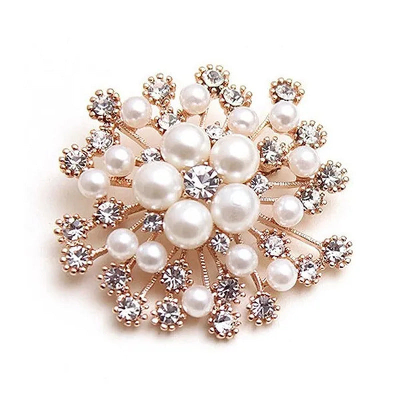 Fashion Women Big Brooches Lady Snowflake Imitation Pearls Rhinestones