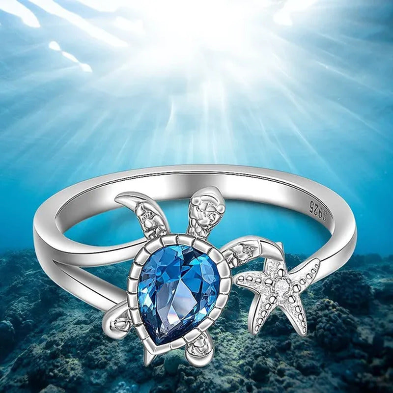 Unique Fashion Turtle Ring Sea Turtle Starfish Rings for Women Blue Stone Cute O