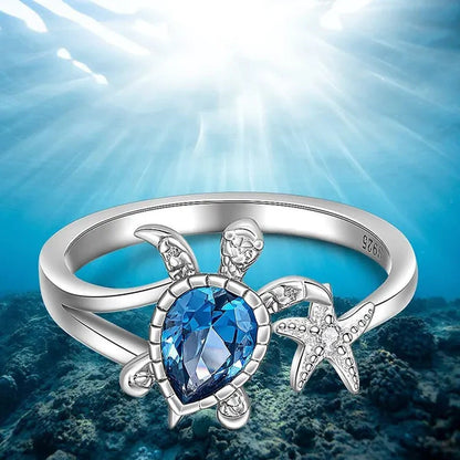 Unique Fashion Turtle Ring Sea Turtle Starfish Rings for Women Blue Stone Cute O
