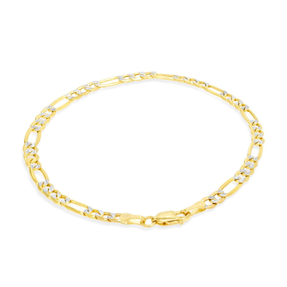 14K Yellow Gold 4.5Mm Figaro Chain Link Diamond Cut Pave Two Tone Bracelet, Mens